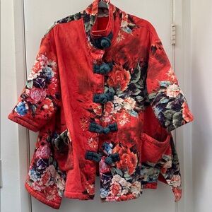 Floral Red and Green Buttoned Cape Jacket